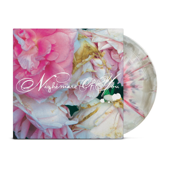 A Grey Cloud/Pebble Sunburst vinyl from Nightmare Of You with a pink and white marbled design partially slides out of its floral cover, featuring elegant white script—an ideal pick for album presale collectors.